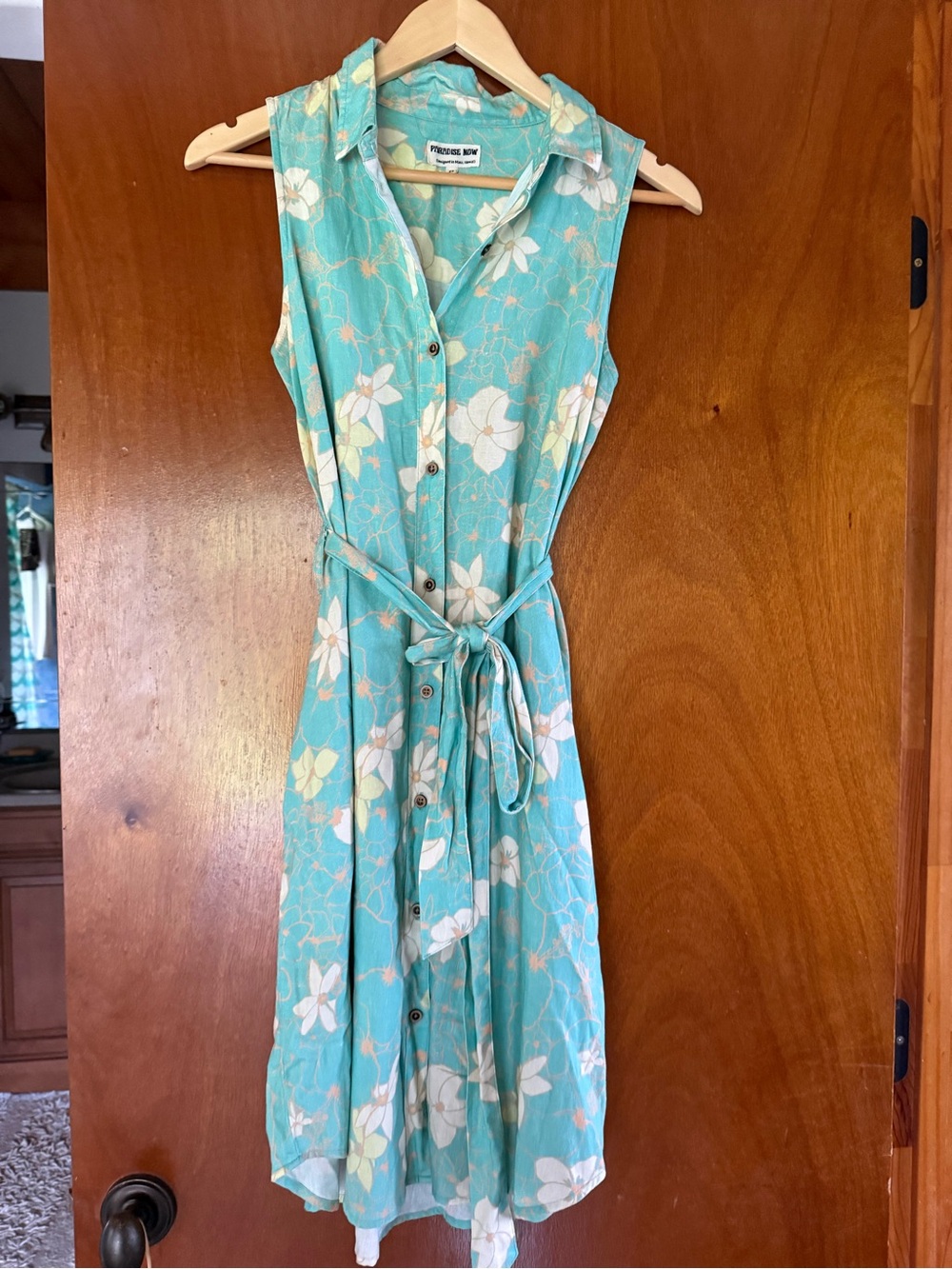 Paradise Now (Handmade) Aqua Floral Sleeveless Button-Front Dress w/Tie.
